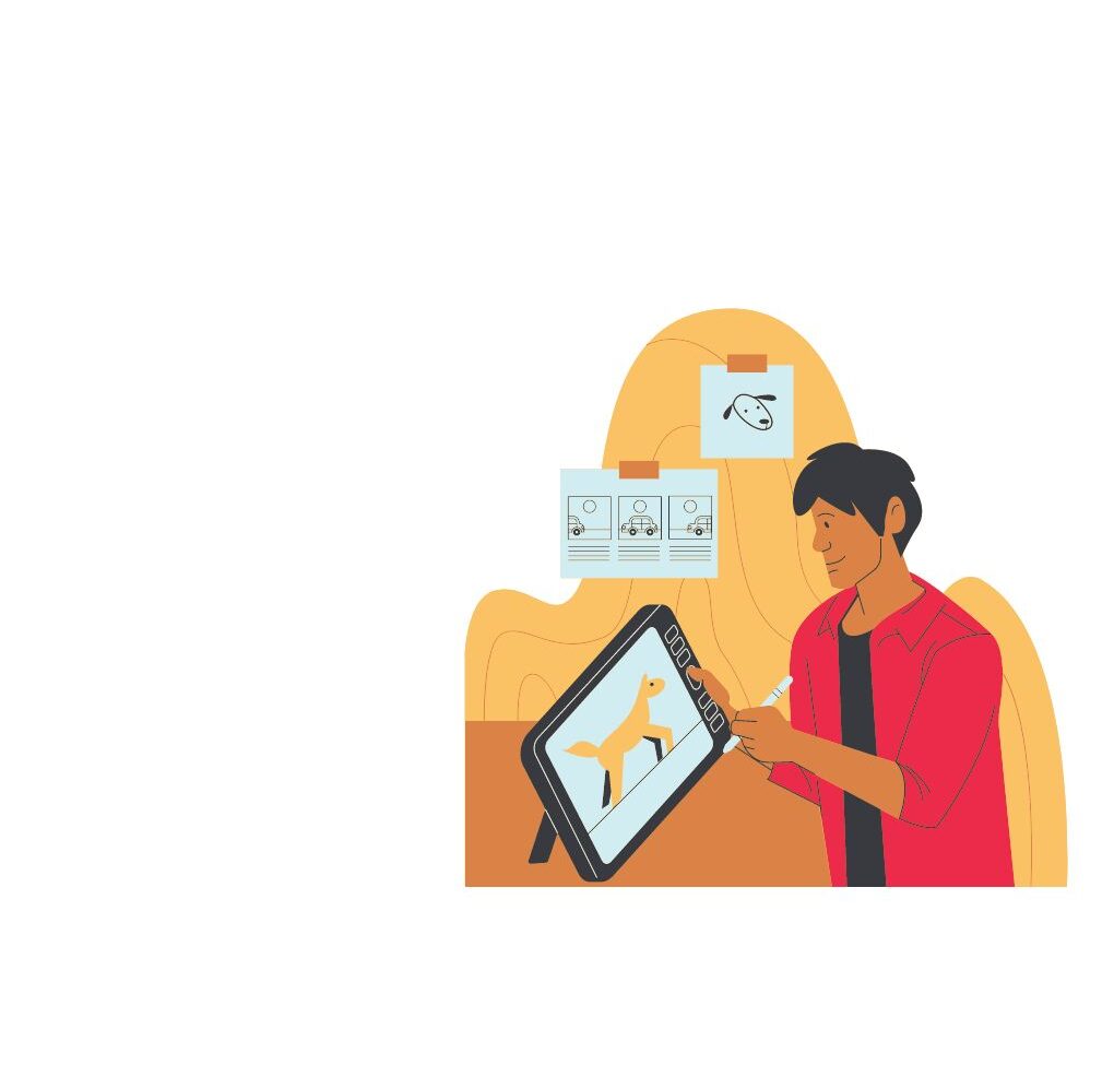 man creating a digital animation of a dog.