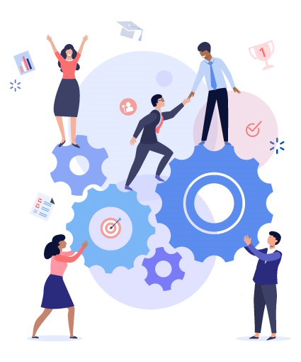 Cogs, people celebrating and people helping one another to climb. Illustration.